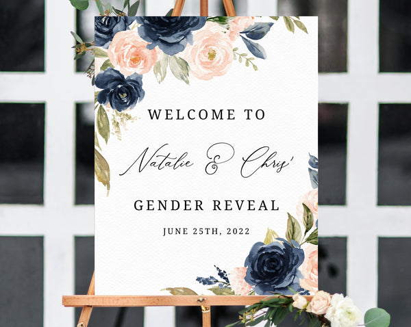 Gender Reveal Welcome Sign Template, Printable Watercolor Navy Blue and Blush Pink Gender Reveal Welcome Sign, Templett, B34