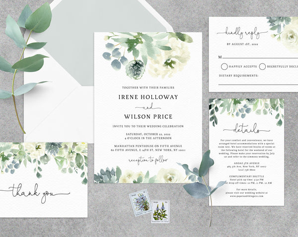 Succulent Wedding Invitation Template, Printable Wedding Invitation Suite, Watercolor Succulent Wedding Invitation, Greenery, Templett, W40