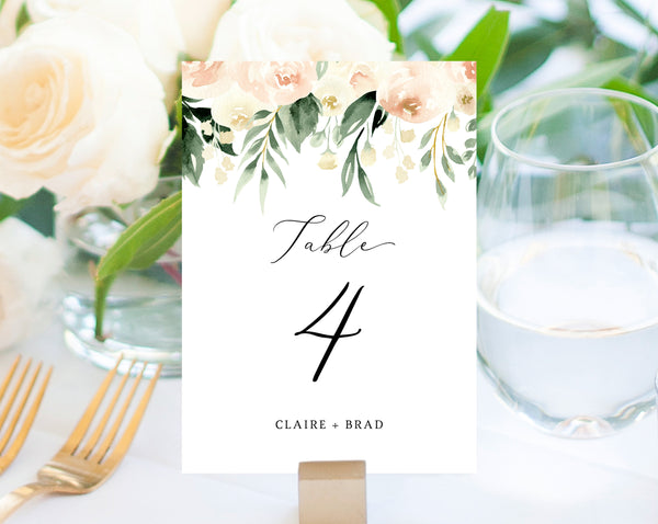 Peach Floral Wedding Table Number Template, Printable Blush Flower Wedding Table Numbers, Blush Wedding Centerpiece, Templett, W41