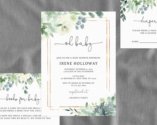 Succulent Baby Shower Invitation Template, Printable Baby Shower Invitation, Watercolor Succulent Greenery and Gold, Templett, B40