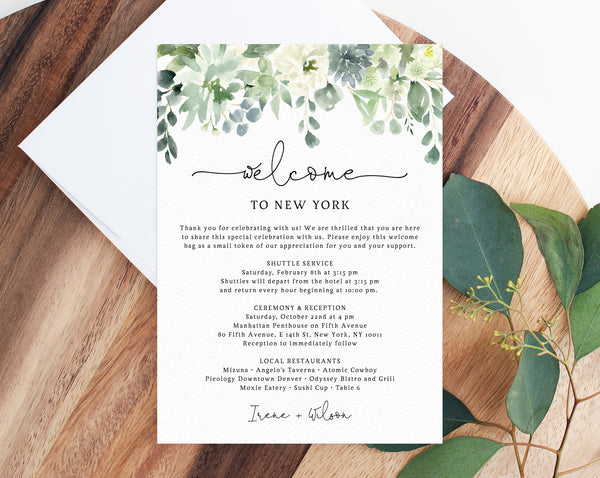 Welcome Letter Template, Wedding Itinerary Card, Greenery Welcome Bag Letter, Wedding Agenda, Printable Hotel Welcome Note, Templett, W40