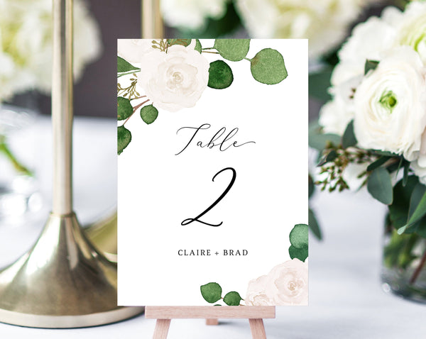 White Floral Wedding Table Number Template, Printable Eucalyptus Wedding Table Numbers, Greenery Wedding Centerpiece, Templett, W42