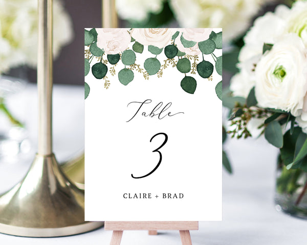 White Floral Wedding Table Number Template, Printable Eucalyptus Wedding Table Numbers, Greenery Wedding Centerpiece, Templett, W42