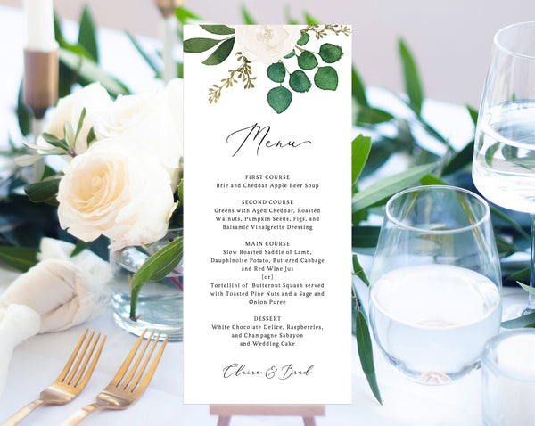 White Floral Wedding Menu Template, Printable Wedding Dinner Menu, Eucalyptus Wedding Menu Card, Instant Download, Templett, W42