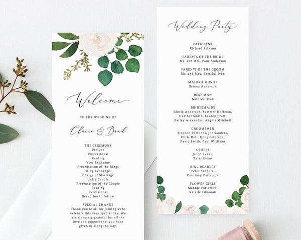 White Floral Wedding Program Template, Printable Eucalyptus Wedding Program, Order of Service, Editable Ceremony Programs, Templett, W42