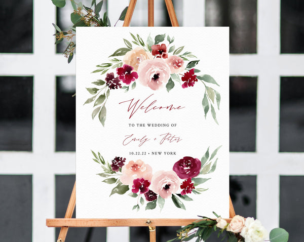 Burgundy & Blush Floral Wedding Welcome Sign Template, Welcome to the Wedding Printable, Welcome Board, Instant Download, Templett, W45