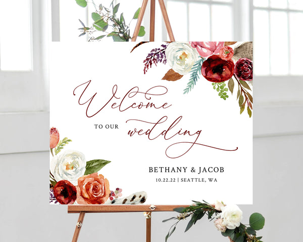 Boho Floral Wedding Welcome Sign Template, Welcome to the Wedding Printable, Burgundy Welcome Board, Instant Download, Templett, W43
