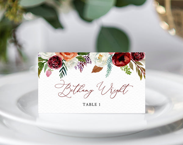 Boho Wedding Place Cards Template, Burgundy Floral Escort Card, Printable Wedding Tent Cards, Instant Download, Templett, W43