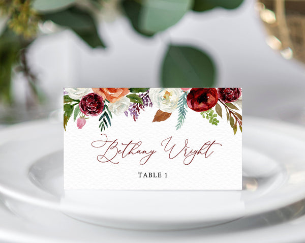 tent cards printable Boho Wedding Place Cards Template, Burgundy Floral Escort Card, Printa