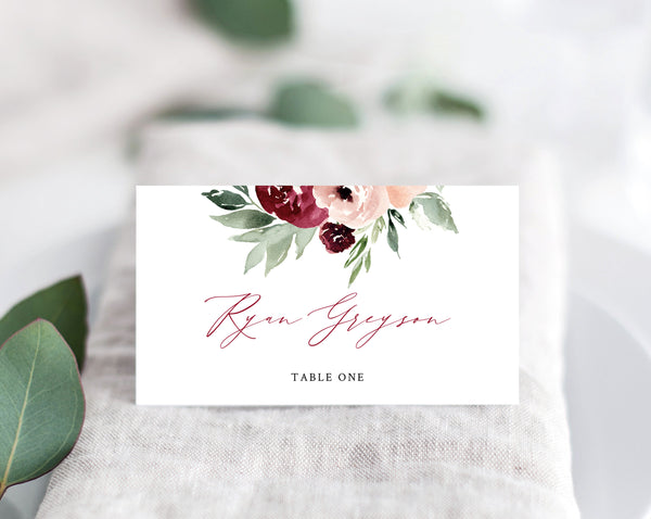Burgundy and Blush Wedding Place Cards Template, Seating Card, Wedding Escort Cards, Printable Tent Cards, Instant Download, Templett, W45