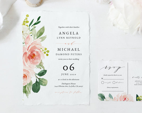 Wedding Invitation Template, Printable Wedding Invitation Suite, Blush Flowers Wedding Invitation Set, Floral Wedding, Templett, W29C