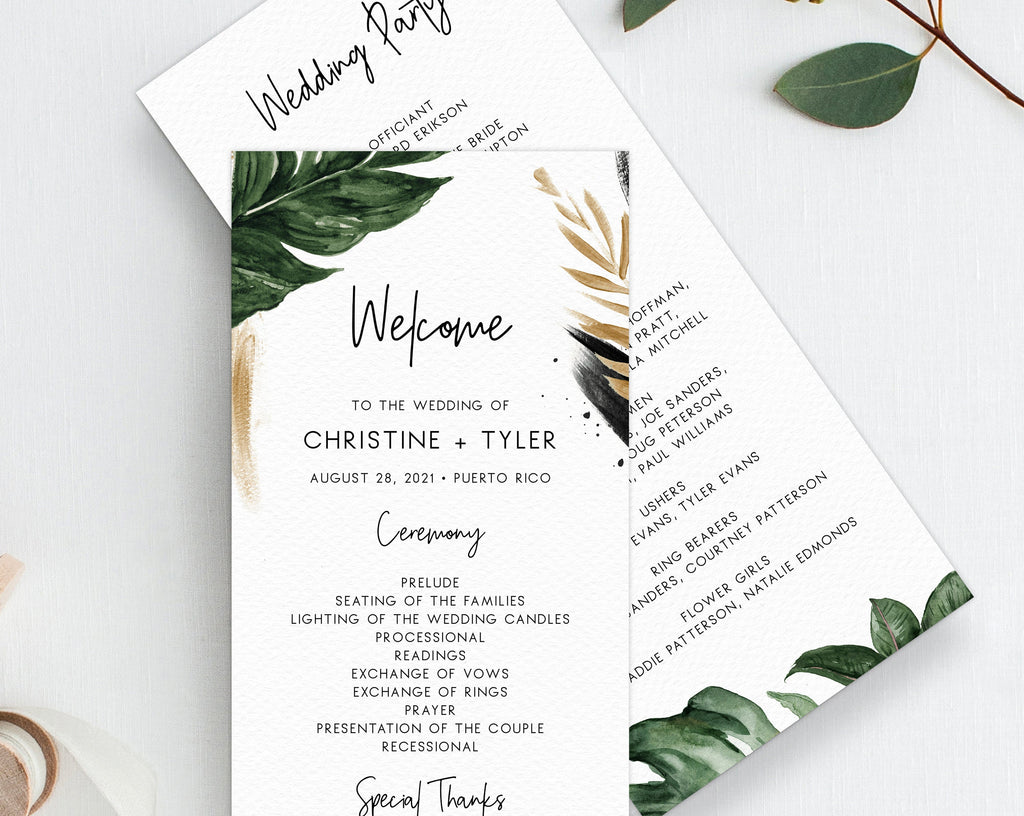 Tropical Wedding Program Template, Printable Wedding Program, Palm Lea ...