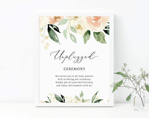 Peach Floral Unplugged Ceremony Sign Printable, Blush Wedding Unplugged Ceremony, Switch Cellphone, Devices Away, Templett, W41