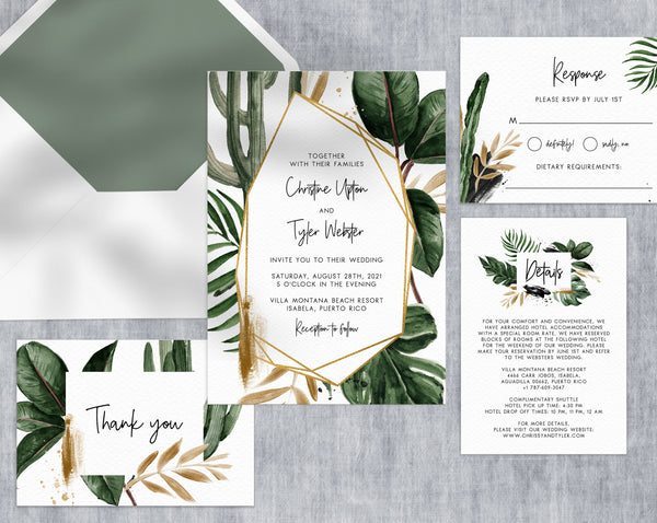 Tropical Wedding Invitation Template, Printable Wedding Invitation Suite, Watercolor Palm Leaves Wedding Invitation, Greenery, Templett, W44