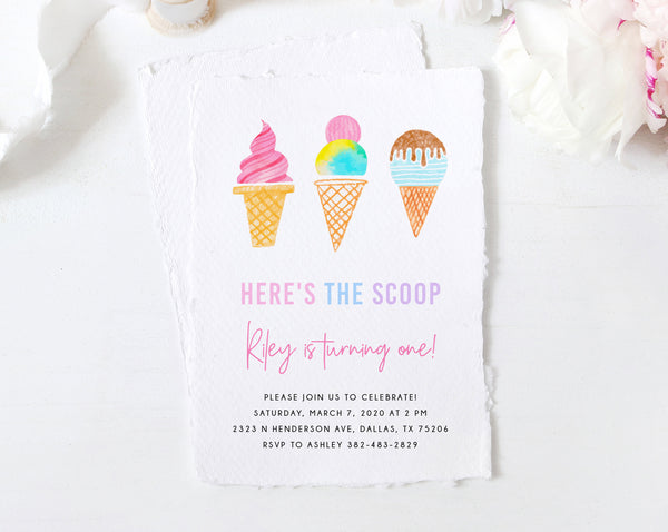 Ice Cream Party Invitation Template, Printable Ice Cream Birthday Invite, Here's The Scoop Invitation, Instant Download, Templett