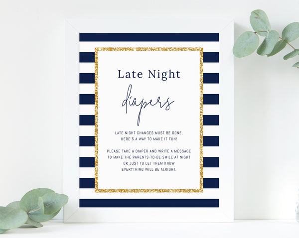 Printable Late Night Diapers Sign Template, Navy Stripes with Gold Baby Shower Game, Diaper Notes, Instant Download, Templett, B03