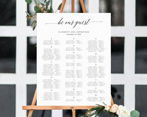 Be Our Guest Alphabetical Wedding Seating Chart Template, Seating Chart Printable, Table Chart, Seating Board, Wedding Sign, Templett, W02