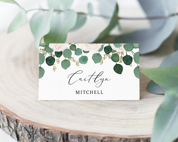 White Floral Wedding Place Cards Template, Eucalyptus Escort Card, Wedding Table Cards, Printable Wedding Tent Cards, Instant Download, W42