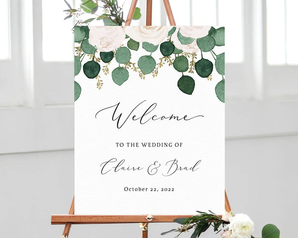 Eucalyptus & White Floral Wedding Welcome Sign Template, Welcome to the Wedding Printable, Welcome Board, Instant Download, Templett, W42