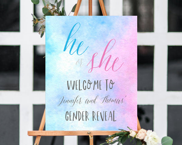 Gender Reveal Welcome Sign Template, Printable Gender Reveal Sign, Watercolor He or She Welcome Sign, Templett