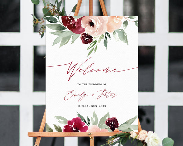 Burgundy & Blush Floral Wedding Welcome Sign Template, Welcome to the Wedding Printable, Welcome Board, Instant Download, Templett, W45