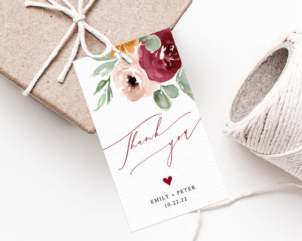 Burgundy & Blush Wedding Favor Tag Template, Thank You Tag, Favor Label, Wedding Gift Tags, Floral Favor Tag Printable, Templett, W45