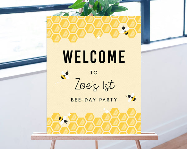 Bee-Day Welcome Sign Template, Printable Bee Day Themed Party Welcome Sign, Honeycomb Birthday Signs, Editable, Templett