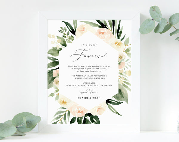 Peach Floral In Lieu of Favors Sign Template, Blush Floral In Lieu of Favors Sign, Editable Wedding Donation Sign, Templett, W41