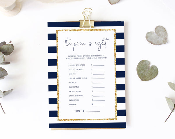 The Price Is Right Baby Shower Game Template, Navy Stripes with Gold Baby Shower Game, Instant Download, Templett, B03