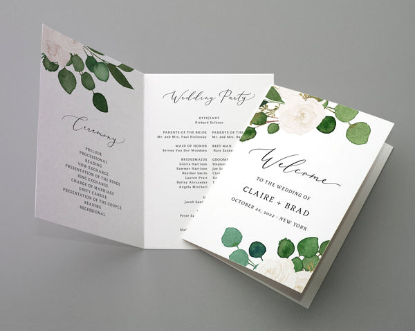 Bi-Fold Greenery Wedding Program Template, Printable Folded Wedding Program Booklet, Book Fold Order of Ceremony, Templett, W42