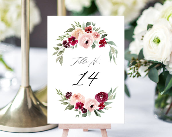 Burgundy Floral Wedding Table Number Template, Printable Rose Wedding Table Numbers, Floral Table Numbers Card Template, Templett, W45