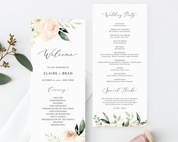 Peach & Ivory Floral Wedding Program Template, Printable Wedding Program, Blush Wedding Program, Order of Service, Instant, Templett, W41
