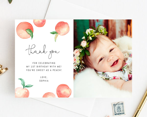 Peach Thank You Card Template, Peach Birthday Thank You Photo Card, Peach Themed Birthday Card, Instant Download, Templett