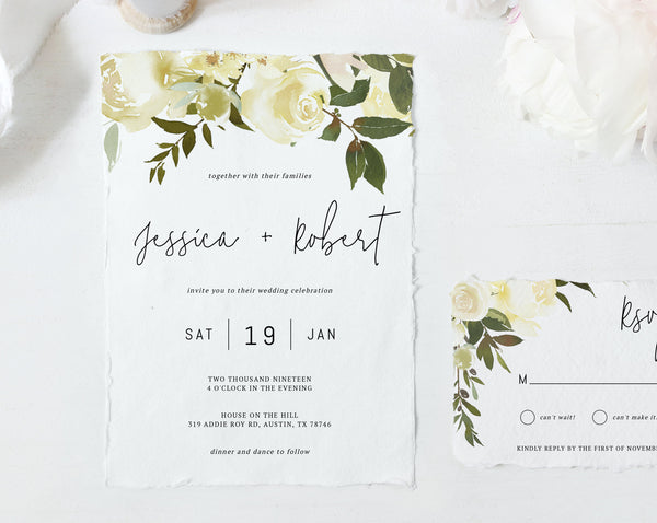 Wedding invitation template, Printable Wedding Invitation Suite, Watercolor Floral Wedding Invitation Set, Greenery, White, Templett, W18