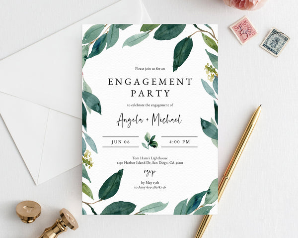 Greenery Engagement Party Invitation Template, Printable Engagement Invitation, Engagement Invite, Editable Template, Templett, W28