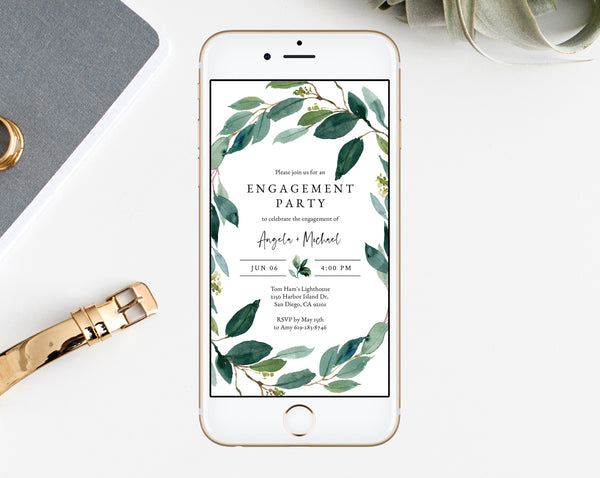Greenery Engagement Party Electronic Invitation Template, Mobile Engagement Invitation, Phone Invite, Editable Template, Templett, W28