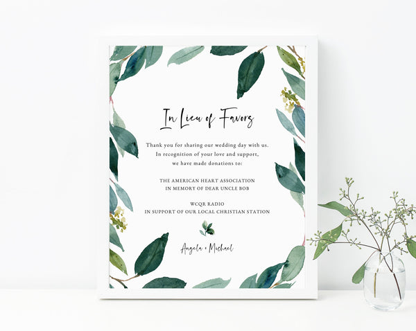 In Lieu of Favors Sign Template, Greenery In Lieu of Favors Sign, Editable In Lieu of Favors Sign, Wedding Donation Sign, Templett, W28