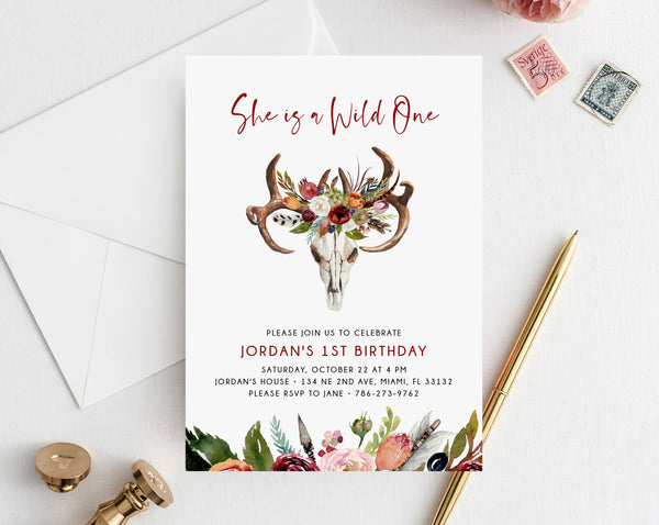 Wild One Invitation Template, Printable Wild One 1st Birthday Invitation, Boho Feathers First Birthday Party, Instant Dowload, Templett, B43