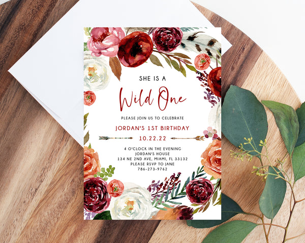 Wild One Invitation Template, Printable Wild One 1st Birthday Invitation, Boho Feathers First Birthday Party, Instant Dowload, Templett, B43