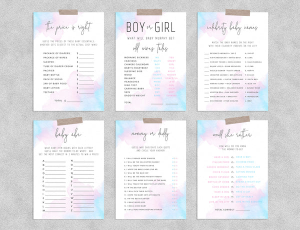 Gender Reveal Game Templates Bundle, Baby Shower Games Instant Download, Watercolor Blue or Pink Gender Reveal Party, Templett, B01