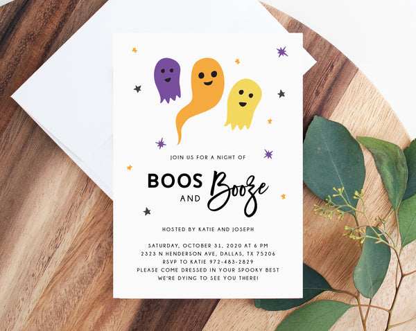 Boos and Booze Halloween Party Invitation Template, Printable Halloween Costume Party Invite, Instant Download, Templett