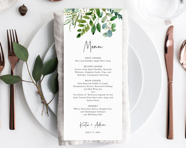 Greenery Wedding Menu Template, Printable Wedding Dinner Menu, Eucalyptus Greenery Wedding Menu Card, Instant Download, Templett, W48