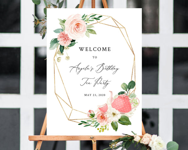 Tea Party Welcome Sign Template, Printable Tea Party Birthday Welcome Sign, Blush Floral Tea For Two Welcome Sign, Templett