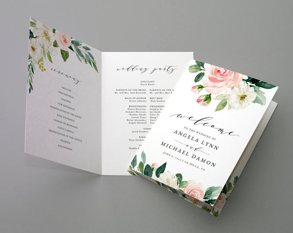 Bi-Fold Blush Floral Wedding Program Template, Printable Folded Wedding Program Booklet, Editable Blush Wedding Program, Templett, W29