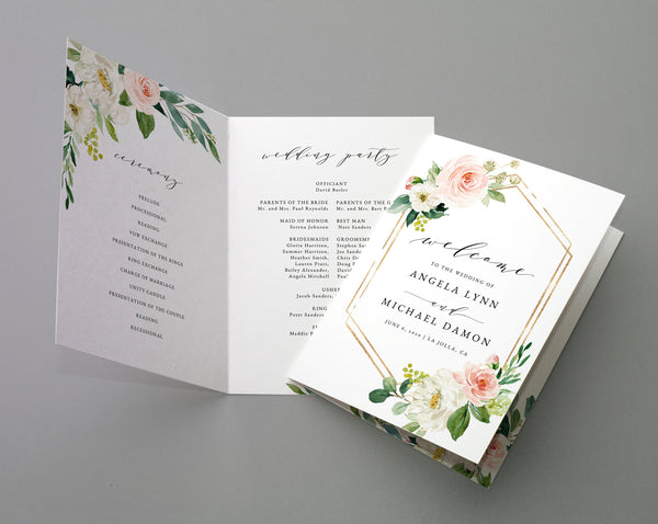 Bi-Fold Blush Floral Wedding Program Template, Printable Folded Wedding Program Booklet, Editable Blush Wedding Program, Templett, W29