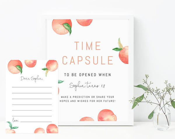 Peach Time Capsule Sign Template, Printable Peach Themed Time Capsule, Editable First Birthday Time Capsule With Matching Cards, Templett