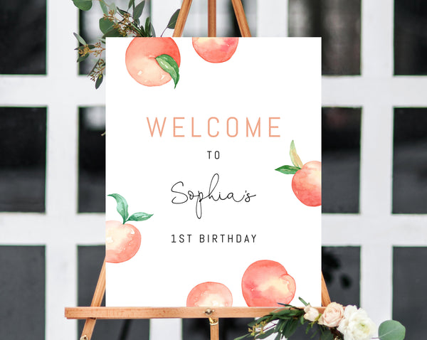 Peach Welcome Sign Template, Printable Peach Themed Party Welcome Sign, Peach Birthday Signs, Editable, Templett