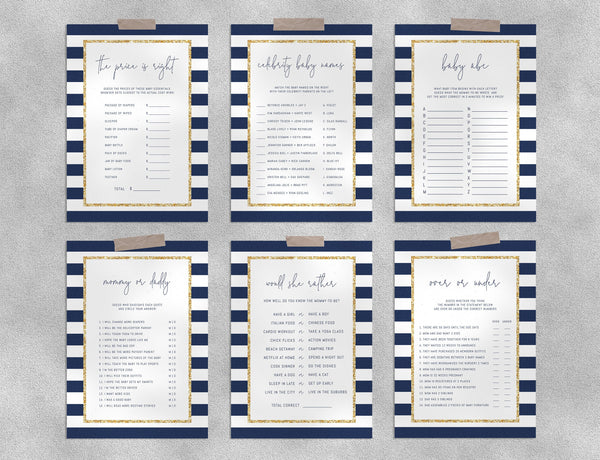Navy Stripes with Gold Baby Shower Game Templates Bundle, Navy Baby Shower Games Instant Download, Templett, B03