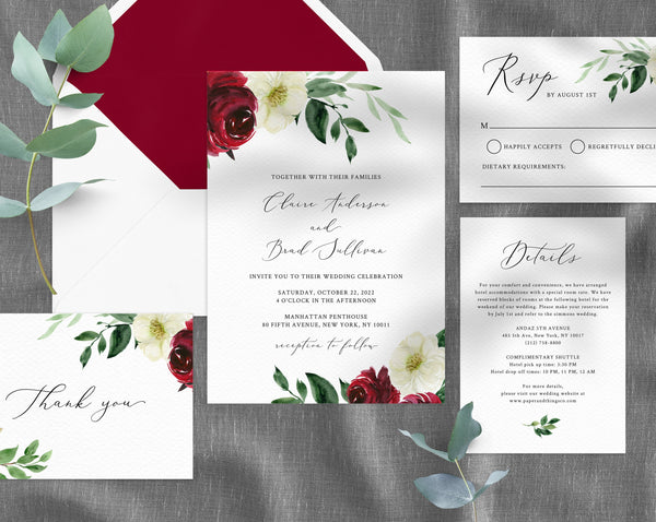 Burgundy Wedding Invitation Template, Printable Wedding Invitation Suite, Burgundy Floral Wedding Invitation Set, Templett, W49