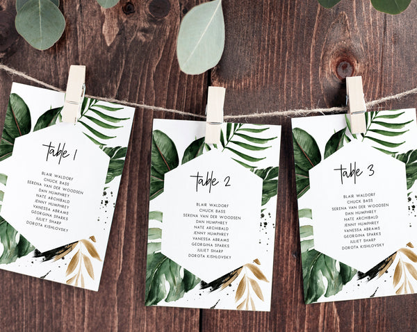 Wedding Seating Chart Template, Tropical Seating Plan Cards, Palm Greenery Wedding Table Card, Instant Download, Templett, W44